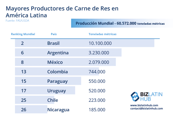 Un gráfico de Biz Latin Hub que muestra a los principales productores de carne de vacuno de América Latina, donde Uruguay es pionero en carne neutra en carbono.