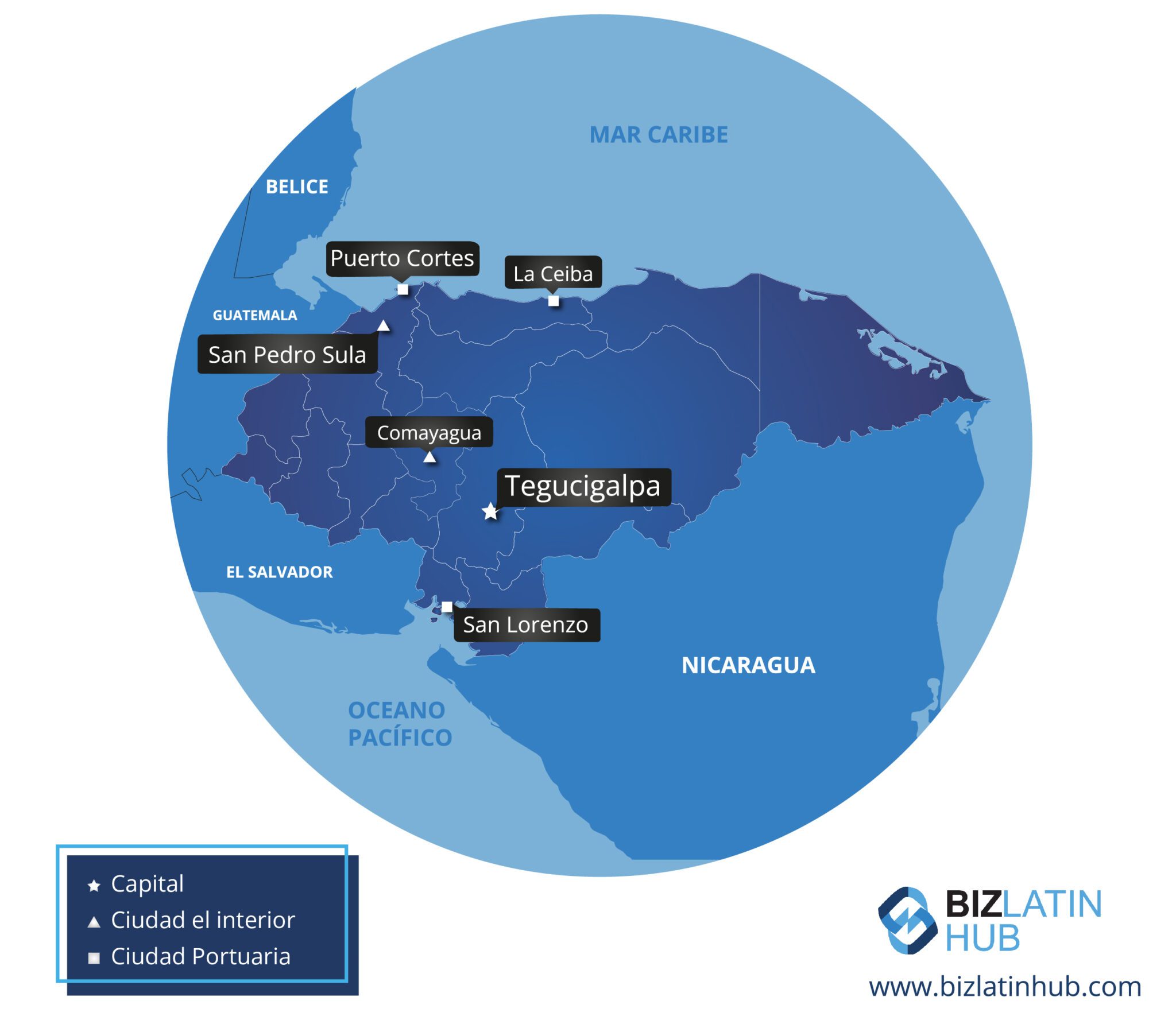 Una infografía de Biz Latin Hub que ofrece un mapa de Honduas, donde el recién inaugurado Aeropuerto Internacional de Palmerola debería impulsar los negocios