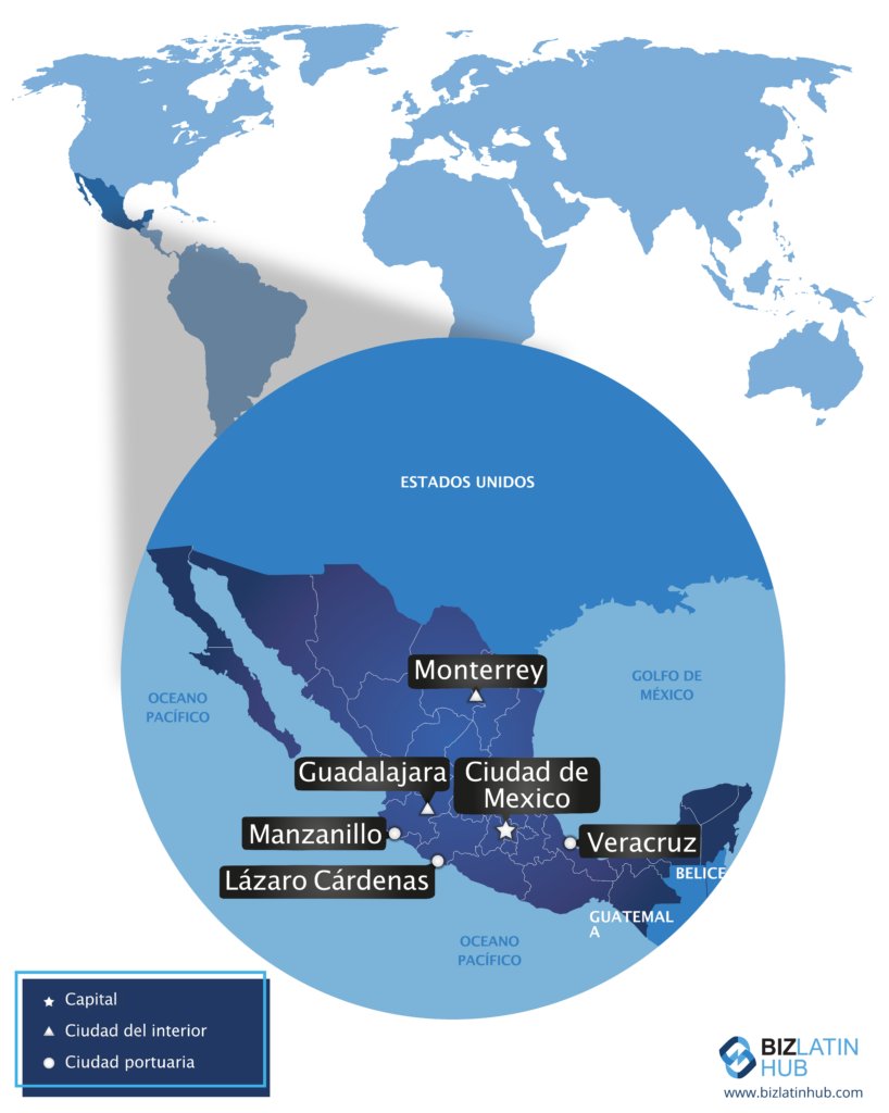 Mapa de México y algunas de sus principales ciudades donde tal vez quiera comprar una propiedad.