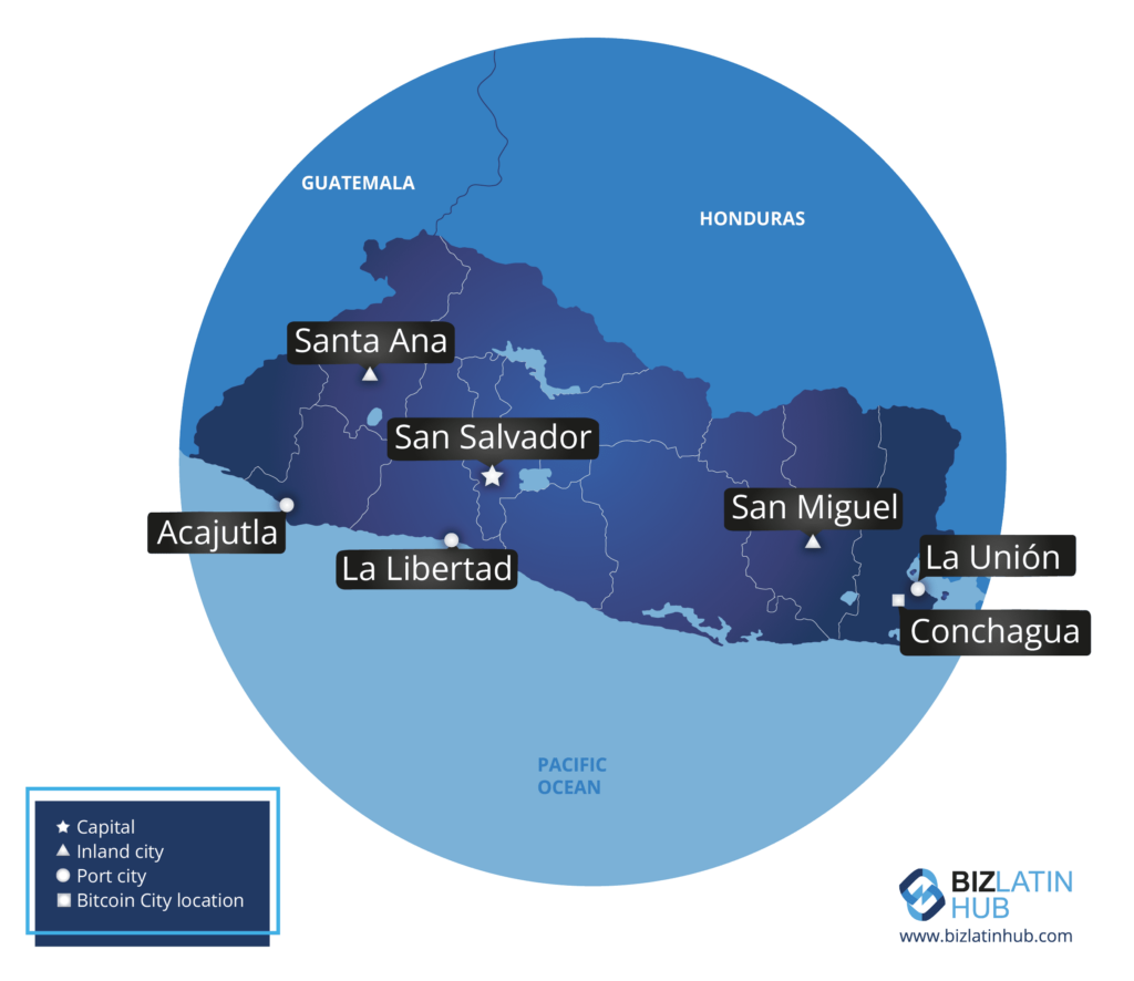 A map of El Salvador, where Bitcoin is legal tender and Argentine crypto exchange Lemon Cash has partnered up with a local company to avoid the oversight of financial authorities in its home country.