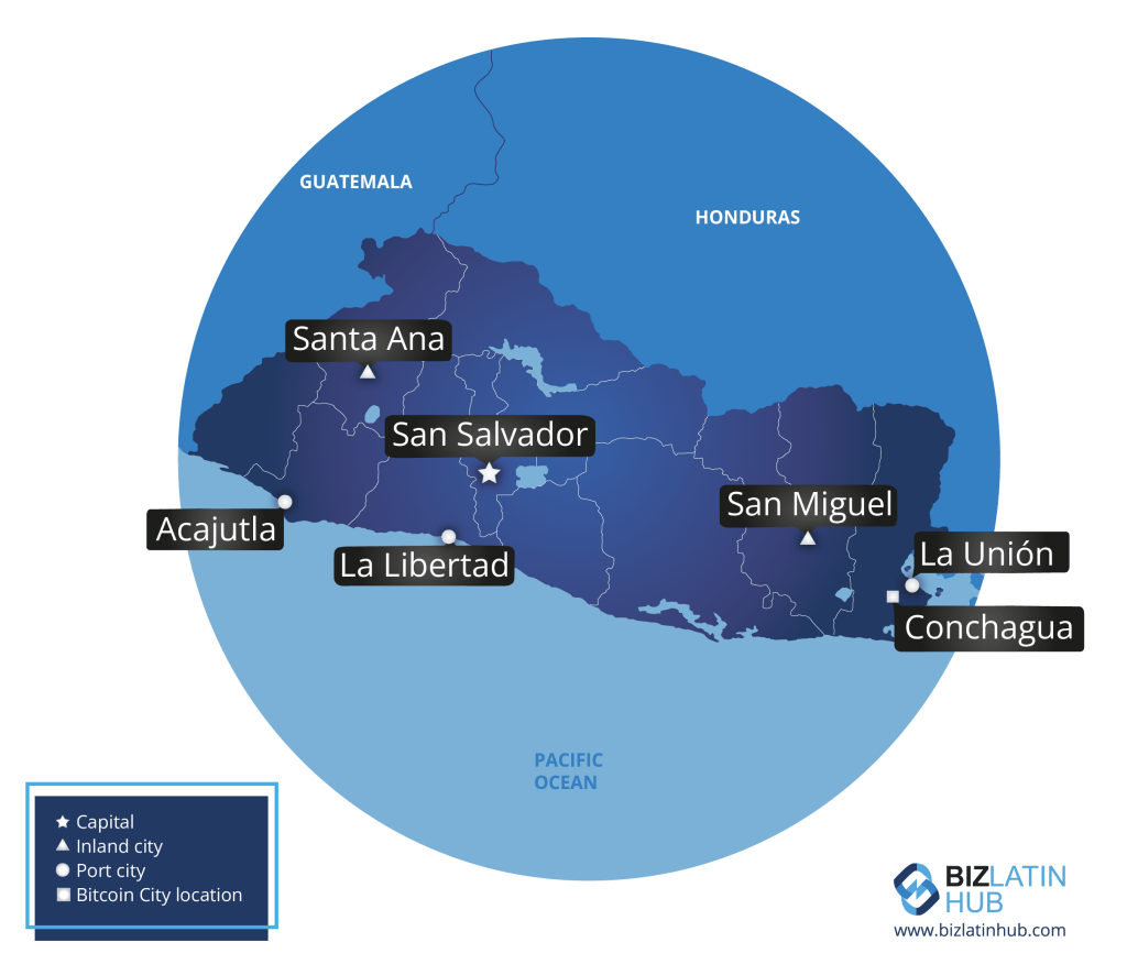 A map of El Salvador, where Bitcoin is legal tender and Argentine crypto exchange Lemon Cash has partnered up with a local company to avoid the oversight of financial authorities in its home country.