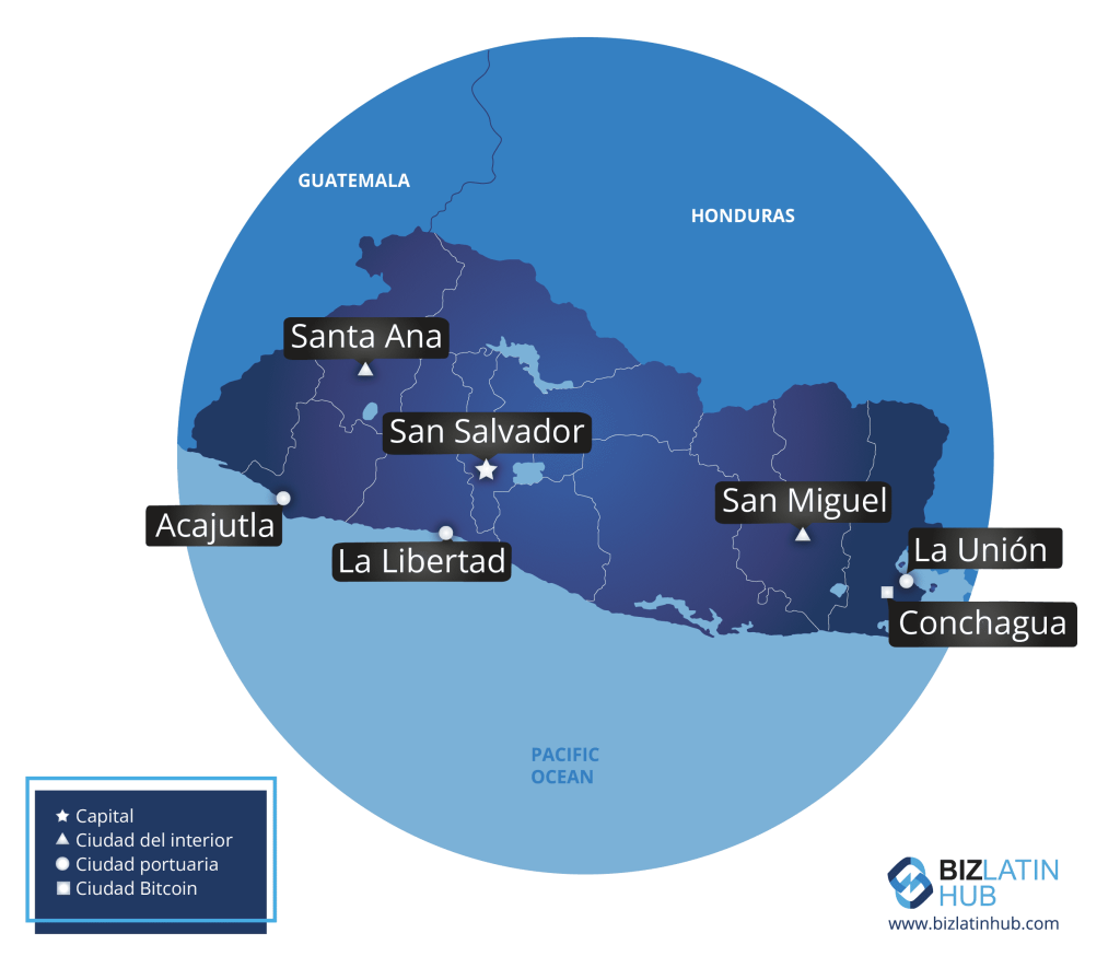 Un mapa de El Salvador, donde el Bitcoin es de curso legal y el criptointercambio argentino Lemon Cash se ha asociado con una empresa local para evitar la supervisión de las autoridades financieras de su país de origen.