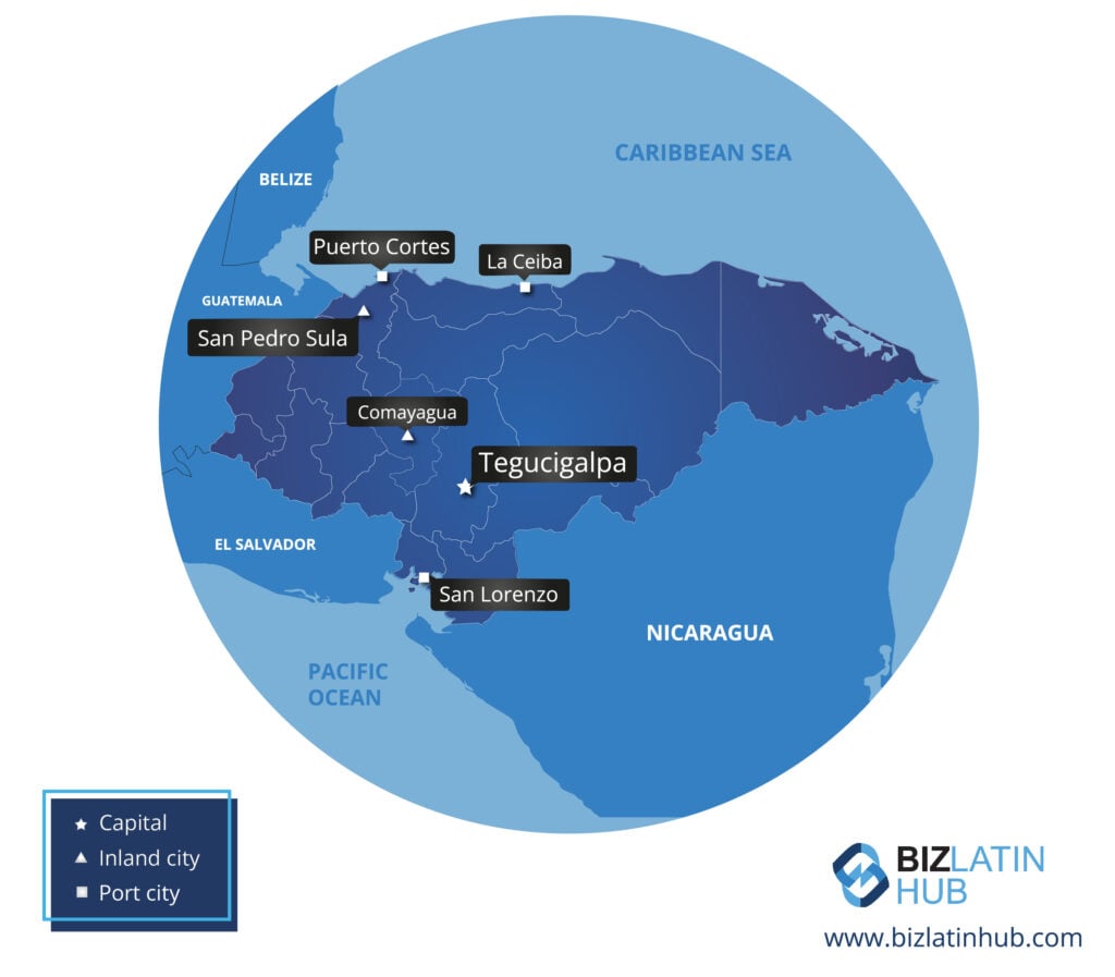 A Biz Latin Hub infographic providing a map of Honduas, where the newly inaugurated Palmerola International Airport should boost business.