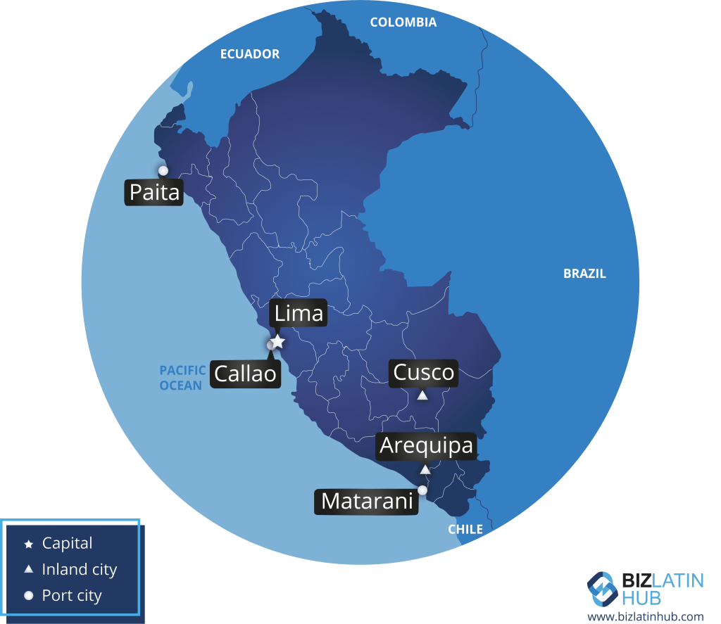 A map of Peru and some of its main cities. Peru saw record imports in 2021.