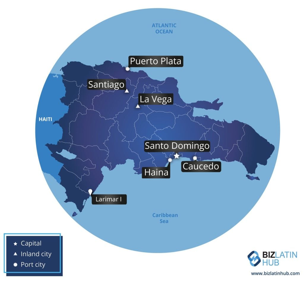 Map of major cities Dominican Republic infographic by Biz Latin Hub for an article on how to incorporate a company in the Dominican Republic 