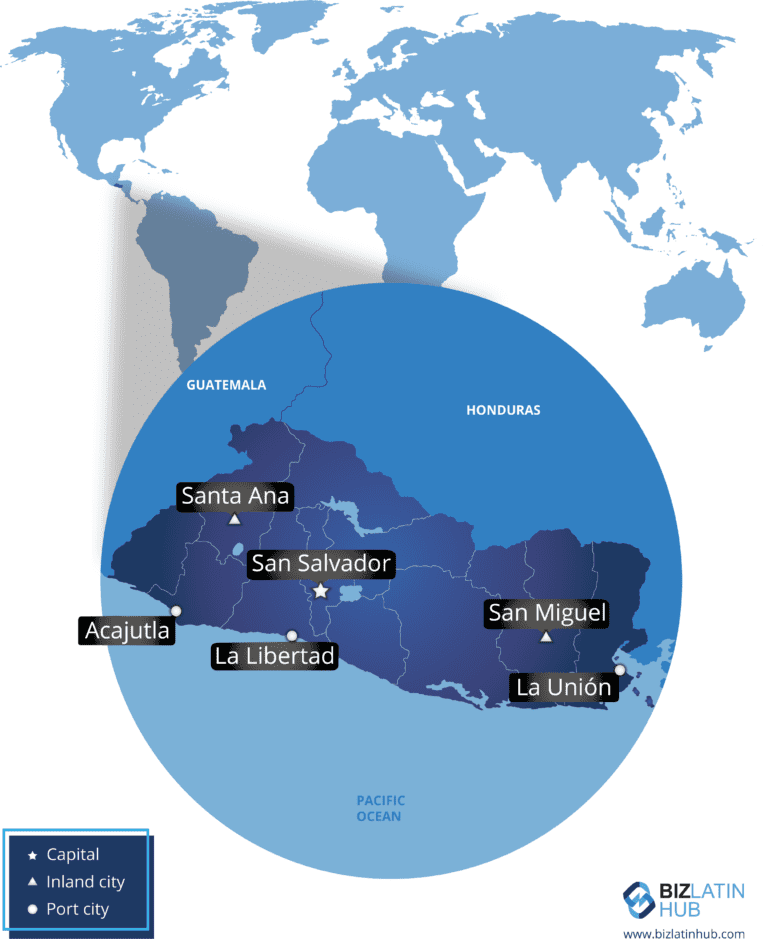 Una infografía de BLH de un mapa de El Salvador, donde puede necesitar asesoramiento legal