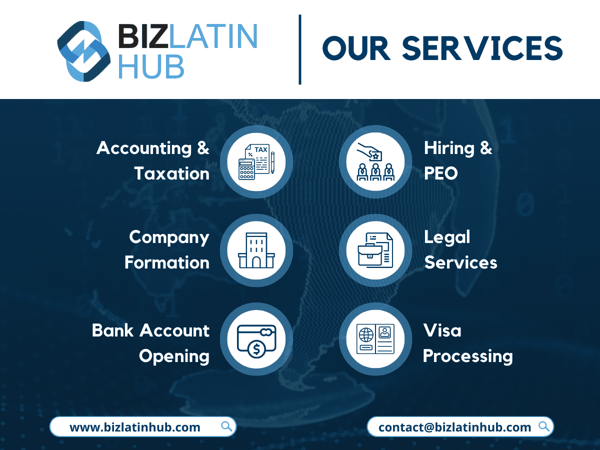 Key services offered by BLH including legal services, accounting & taxation, hiring & PEO, due diligence, tax advisory, and visa processing
