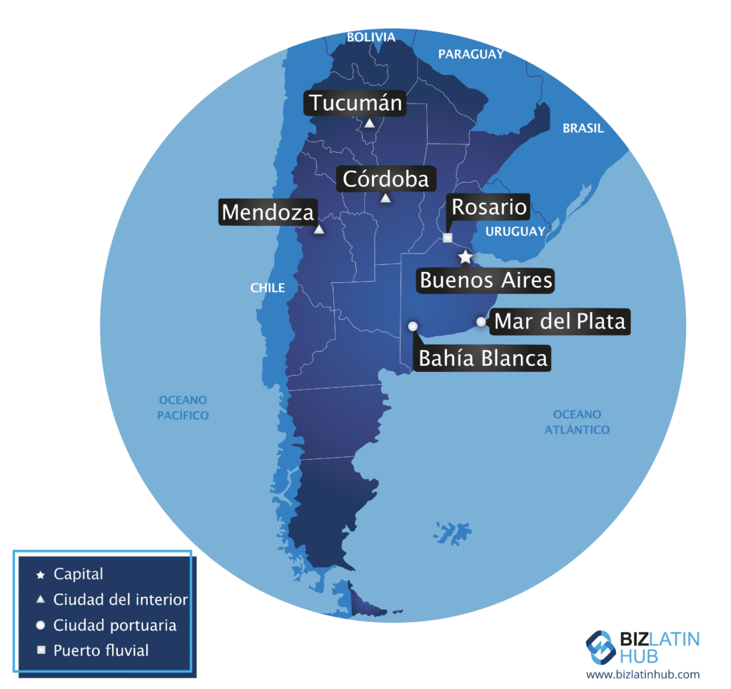 Un mapa de Argentina que incluye algunas ciudades clave para acompañar esta guía sobre derecho laboral.