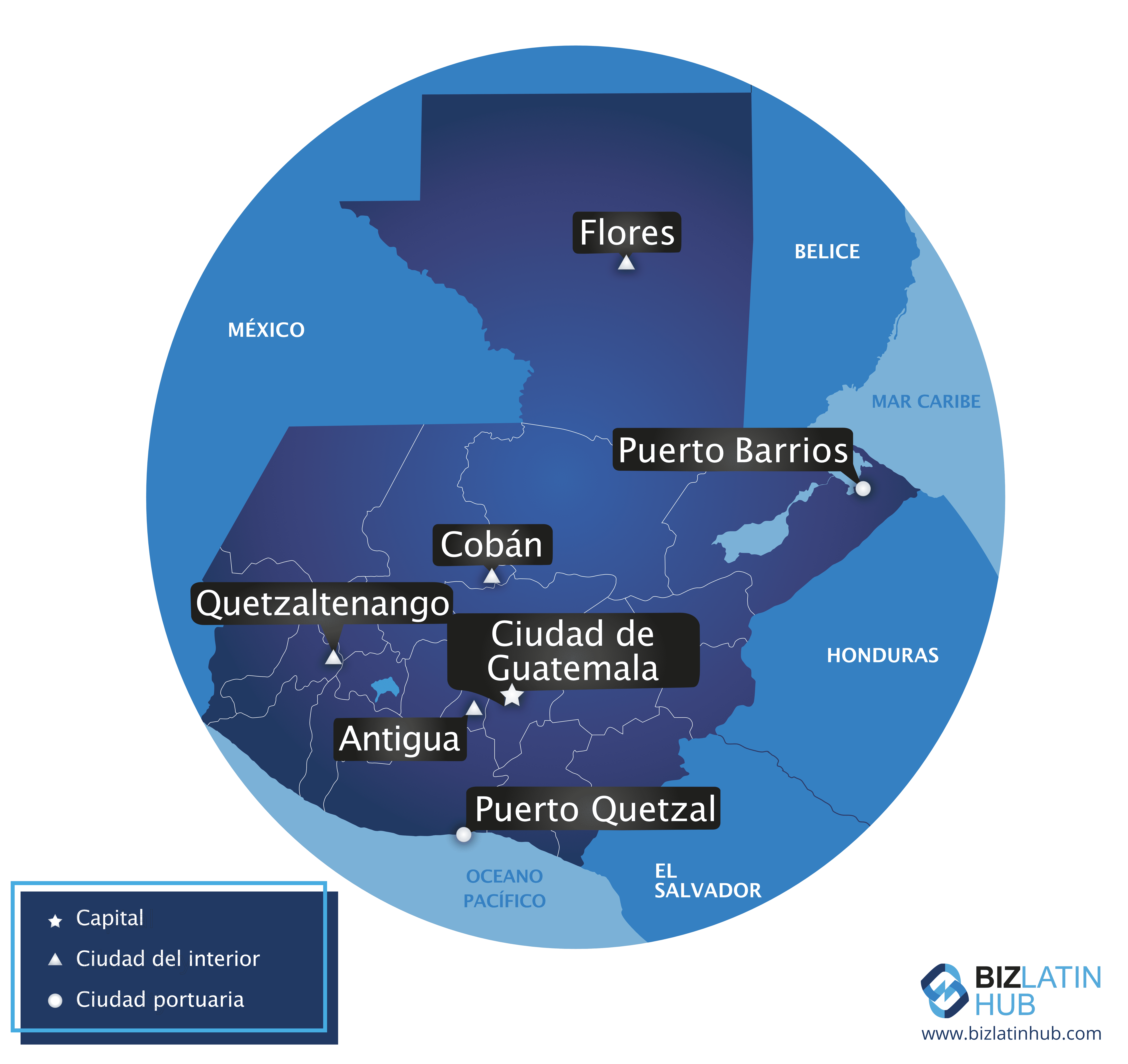 Mapa de Guatemala y sus principales ciudades creado por Biz latin hub