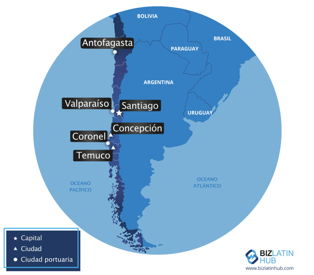 Un mapa de Chile y de algunas de sus principales ciudades, que acompaña a este artículo sobre la legislación laboral en Chile