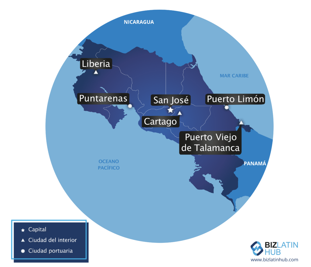 Un mapa de Costa Rica, donde los inversores tendrán que cumplir la legislación laboral local.