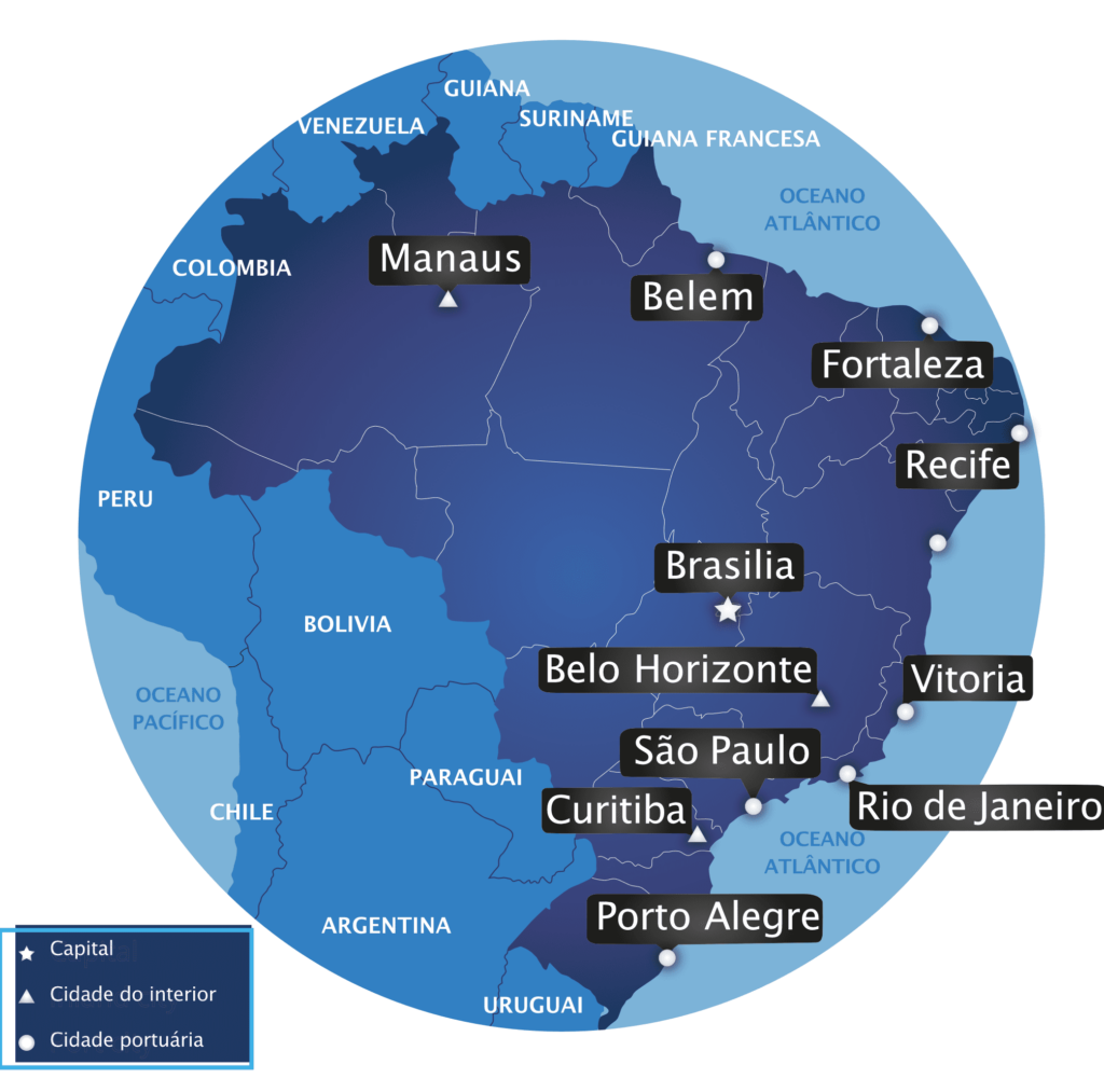 Um mapa de algumas cidades-chave no Brasil, onde os investidores precisarão entender a legislação trabalhista