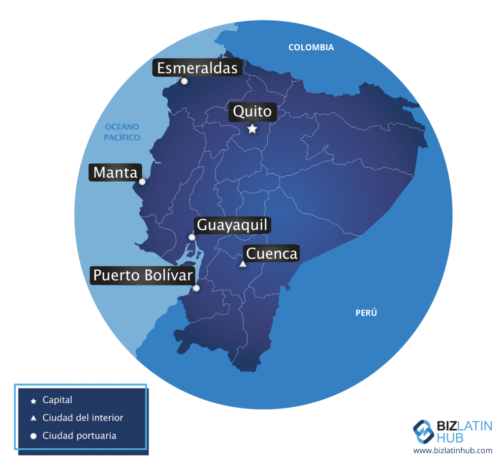 Un mapa de Ecuador, incluyendo las ciudades clave. Se espera que la firma de un TLC con China haga aumentar las exportaciones de banano ecuatoriano.