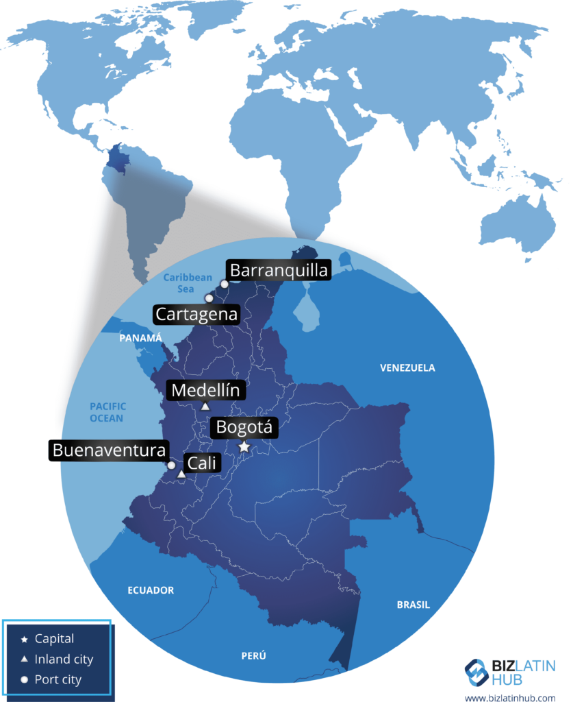 A map of the country showing cities in which to set up an SAS corporation in Colombia
