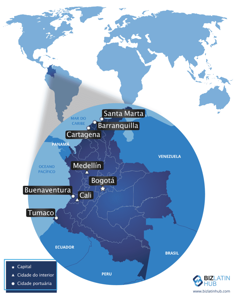 Um mapa do Biz Latin Hub da Colômbia com as principais cidades para um artigo sobre Nearshoring na Colômbia.
