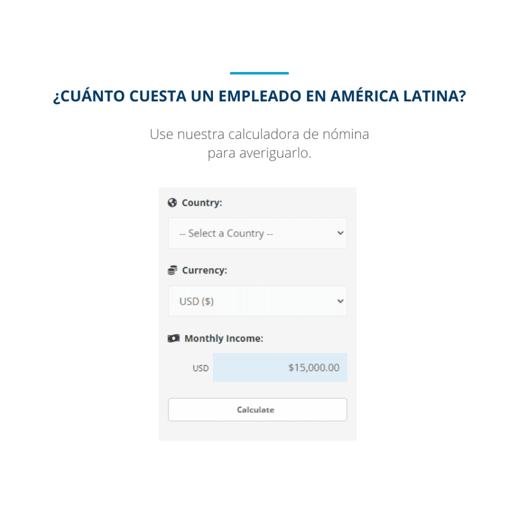 Una imagen de la interfaz de la calculadora de nóminas de Biz Latin Hub, que puede utilizarse para ayudar a entender los costes asociados a la externalización de nóminas en Panamá