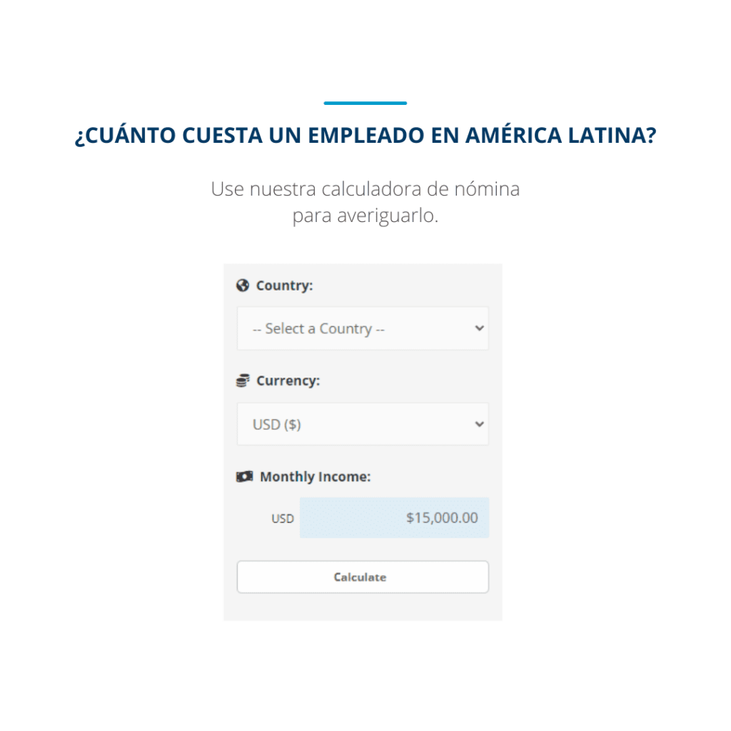 Una captura de pantalla de la interfaz de la calculadora de nómina de Biz Latin Hub para acompañar el artículo sobre la externalización de la nómina en México.