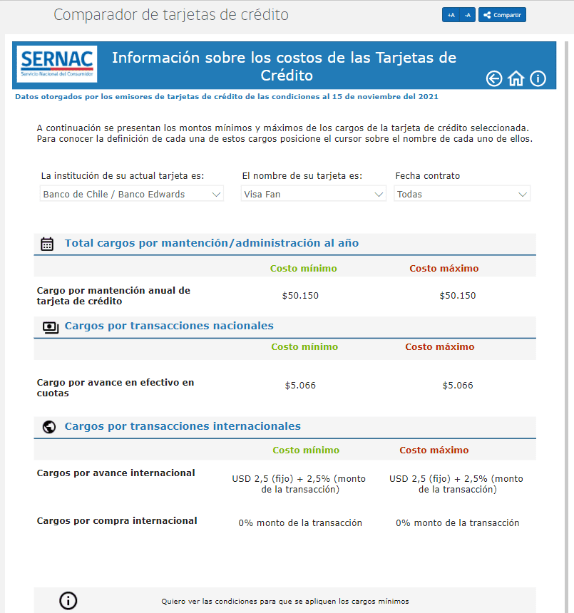 Una captura de pantalla de la interfaz del Comaparador de Tarjetas de Crédito del SERNAC, que permite a los consumidores averiguar cuál es la mejor tarjeta de crédito en Chile que se adapta a sus necesidades.