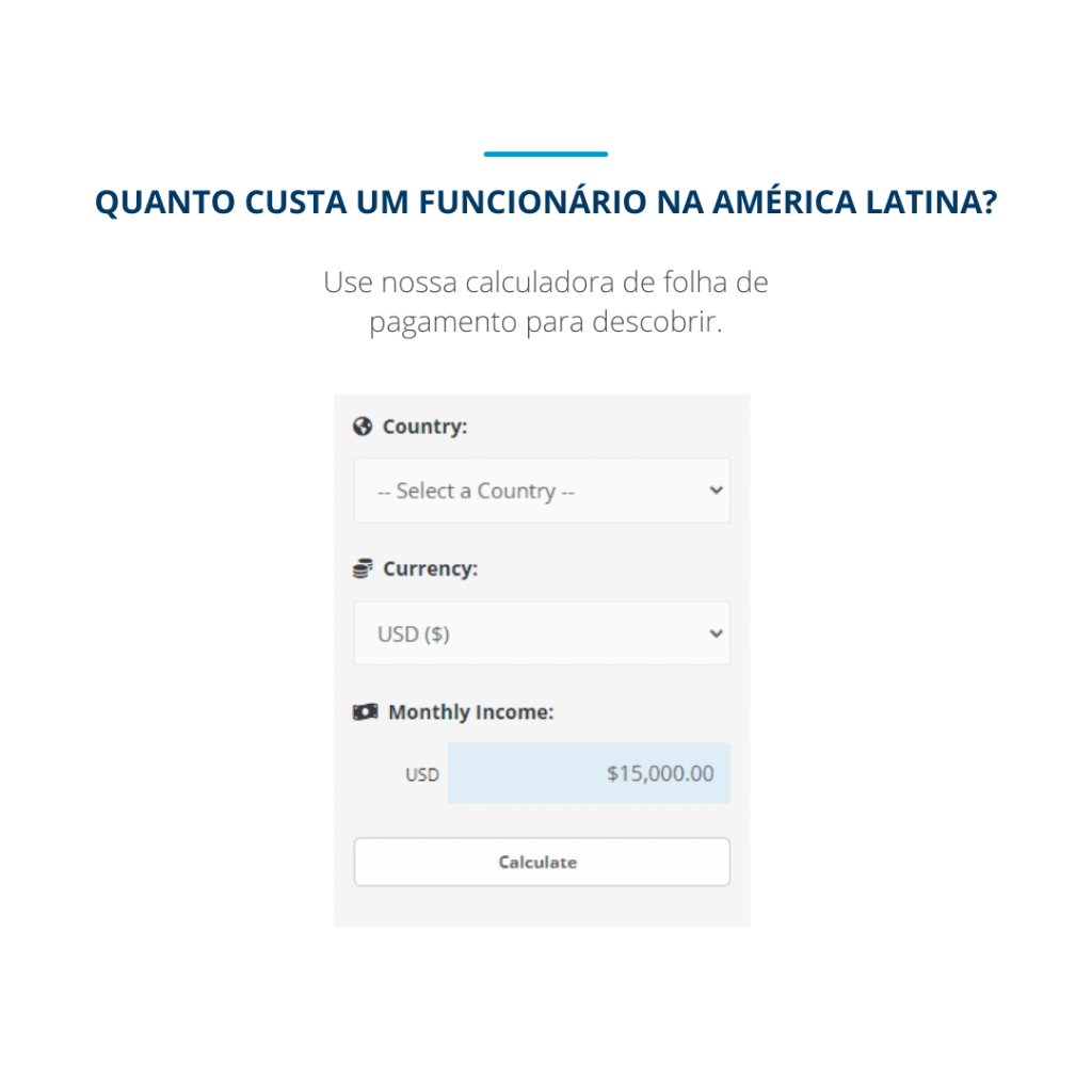 Uma captura de tela da interface da calculadora de folha de pagamento Biz Latin Hub para acompanhar o artigo sobre terceirização da folha de pagamento no México.