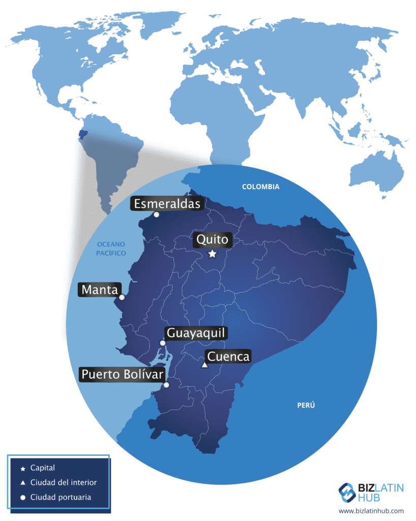 Un mapa de Biz Latin Hub de Ecuador para el artículo sobre derecho corporativo y la búsqueda de un bufete de abogados.