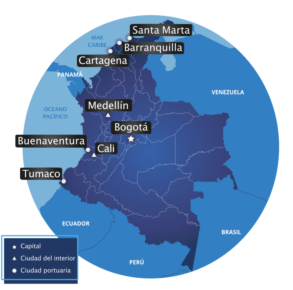 Un mapa de Colombia y de algunas de sus principales ciudades para acompañar esta guía de derecho laboral en Colombia