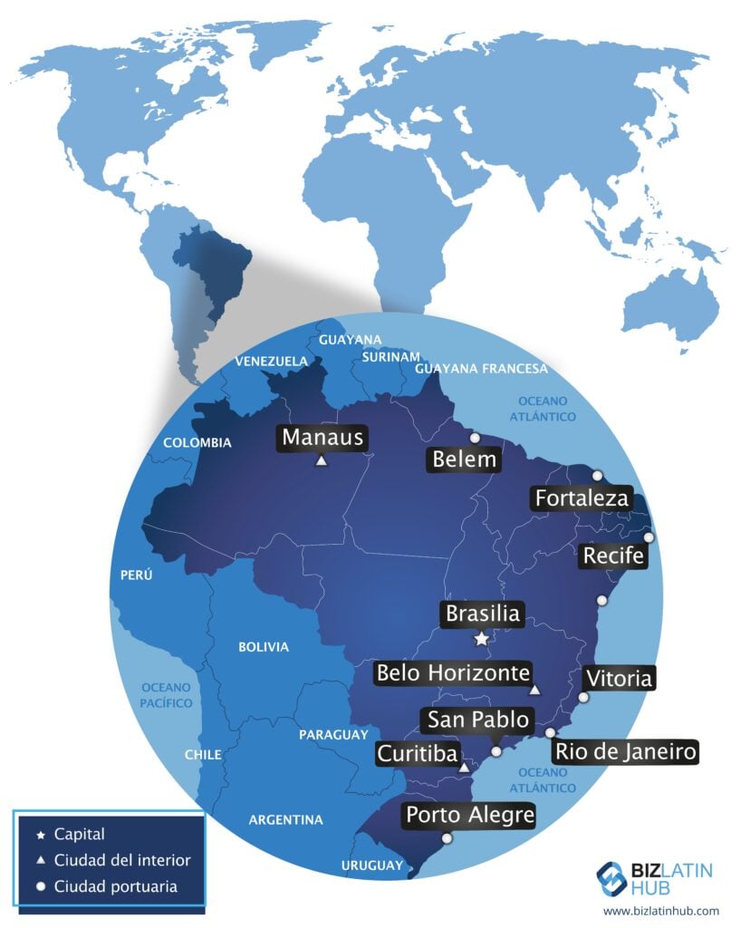 Un mapa de BLH de Brasil con sus ciudades principales para un artículo acerca de cómo constituir una sucursal en este país.