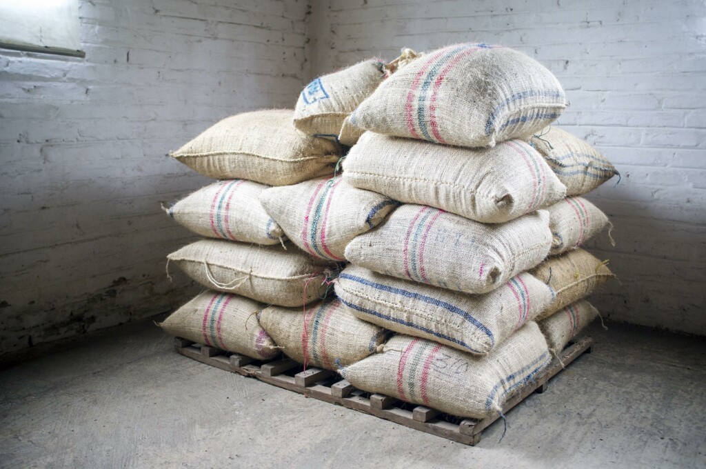 Stock photo of coffee sacks to accompany article on Colombia agricultural exports
