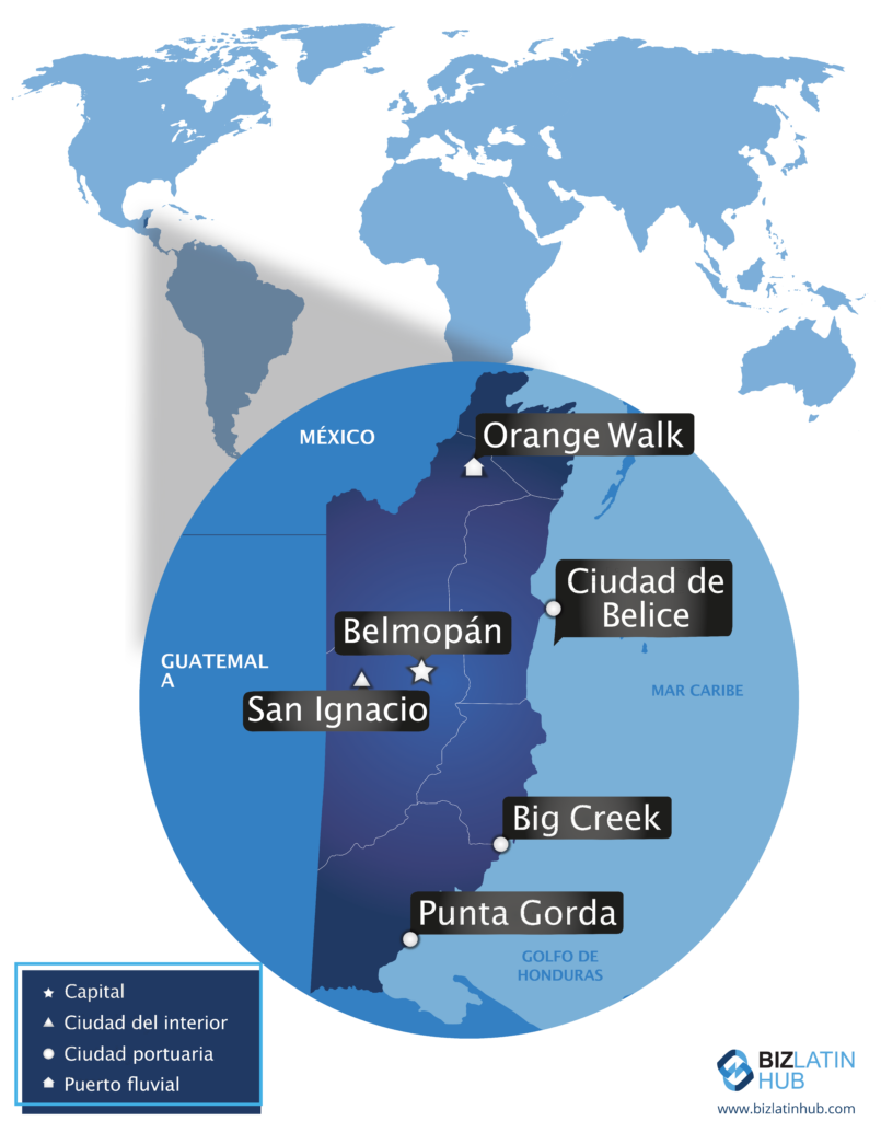 Una infografía de BLH con un mapa de Belice y su ubicación en el continente americano