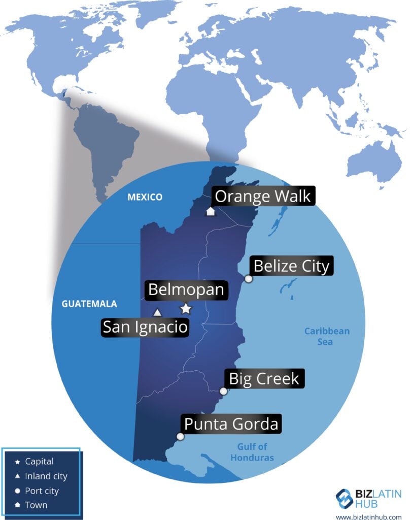 A BLH map of Belize to accompany article on doing business in the Caribbean country.