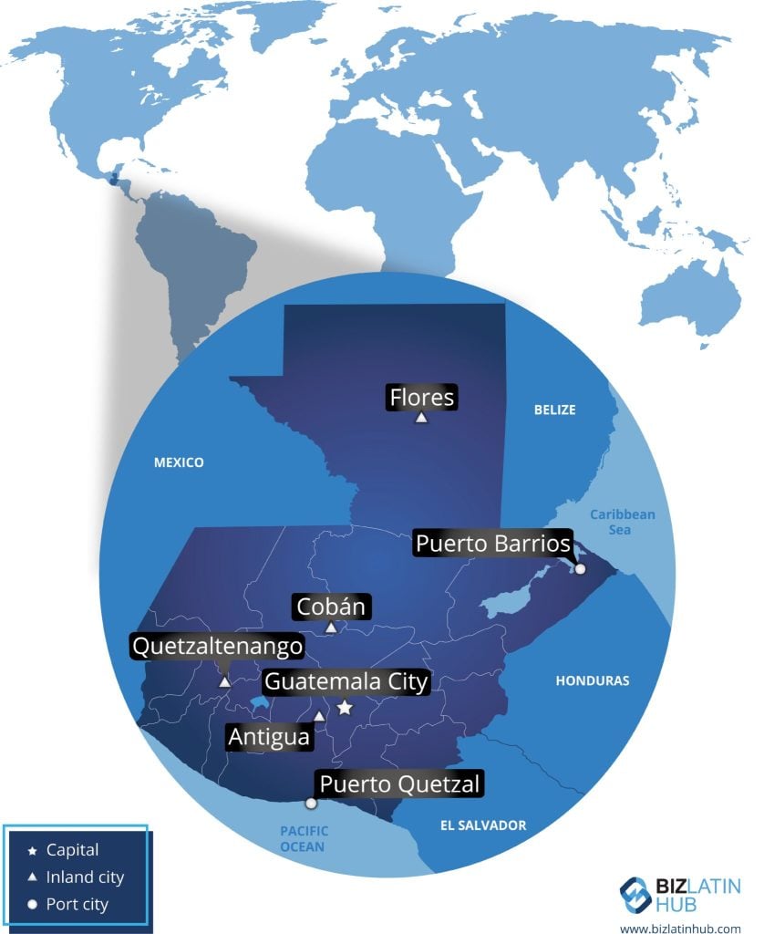 Map of Guatemala and its main cities by Biz Latin Hub for an article to Register a branch in Guatemala