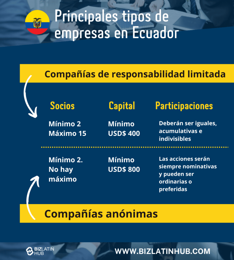 Infografía de Biz Latin Hub sobre los tipos de empresas que se pueden crear en Ecuador