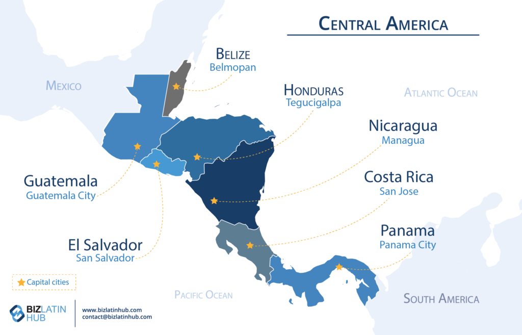 Abrir uma conta bancária corporativa em Belize: Um mapa da América Central e de Belize, um país onde talvez você queira abrir uma conta bancária corporativa.