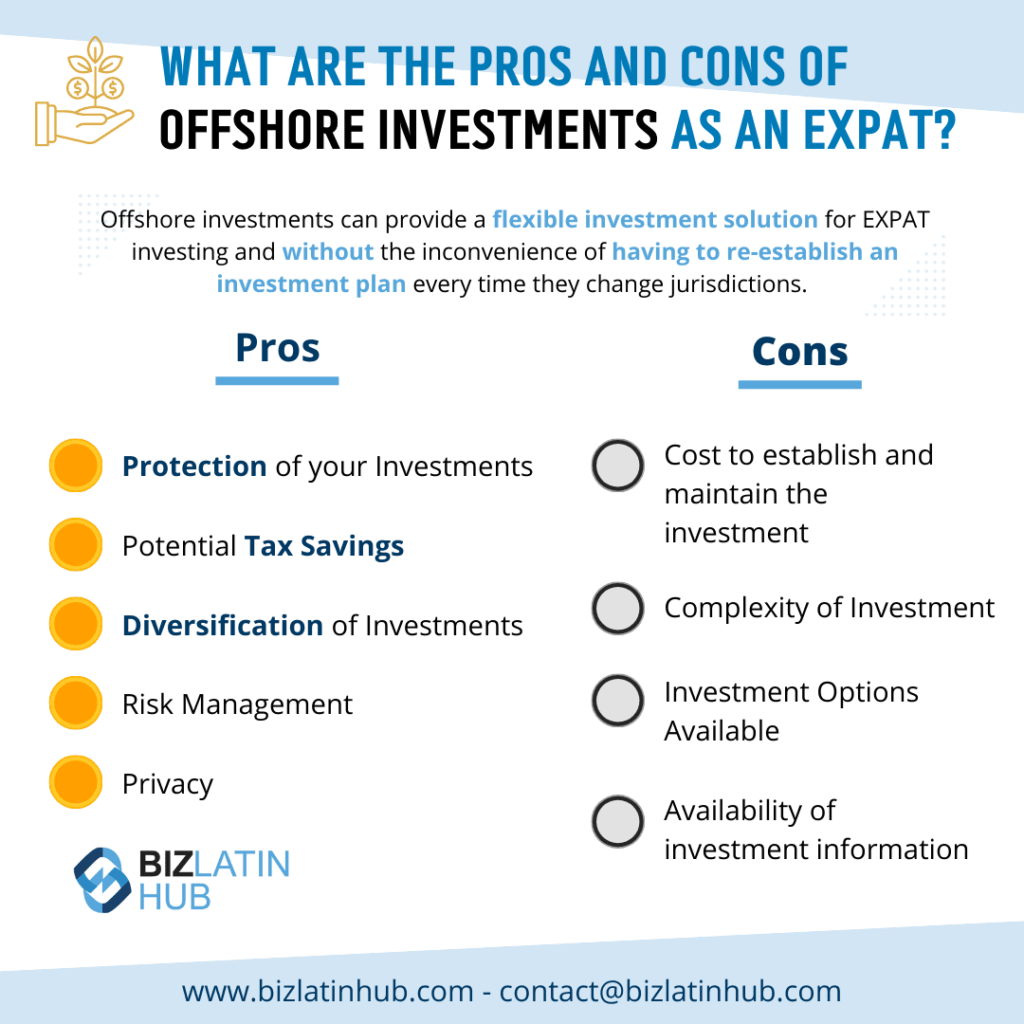 Pros and cons of offshore investments as an EXPAT a Biz Latin Hub's infographic for an article about Offshore Investing: How Do You Know When an Opportunity is a Good Choice? 