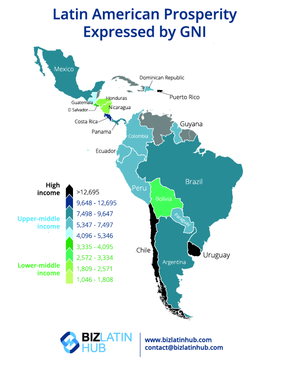 A map of latin america and its economic prosperity for an article on How to open a corporate bank account in the Dominican Republic