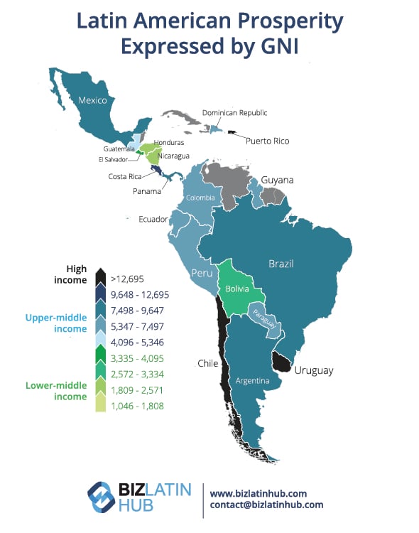 A map of latin america and its economic prosperity for an article on How to open a corporate bank account in the Dominican Republic