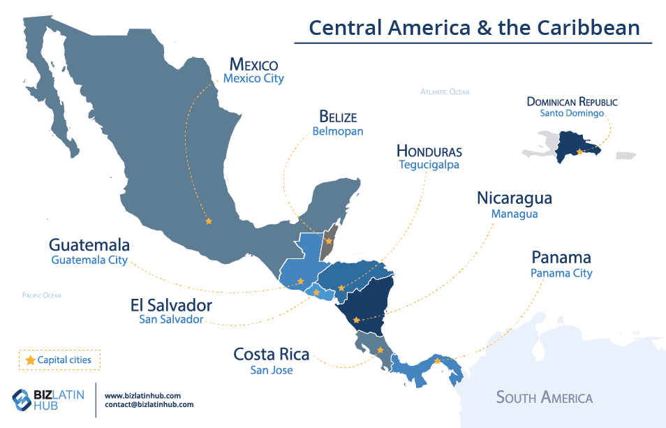 A map representing the countries that conform Central America and the Caribbean. Trademark registration processes differ from country to country.