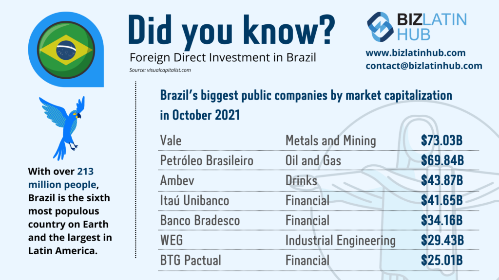 A Biz Latin Hub infographic on Brazil's biggest public companies for an article on foreign direct investment in Brazil
