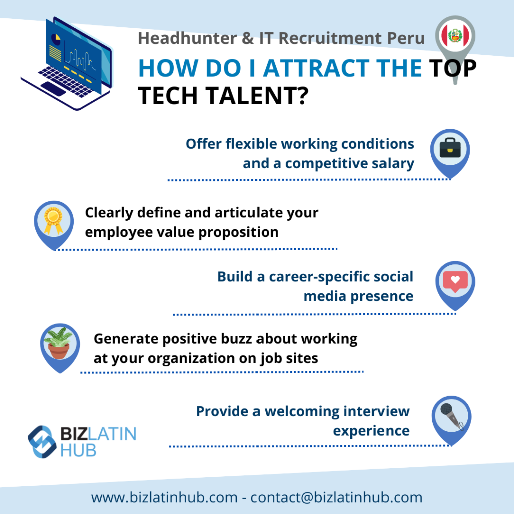 infographic by Biz Latin Hub on how to attract tech top talent on an article on Tips for Hiring Tech Talent in Peru