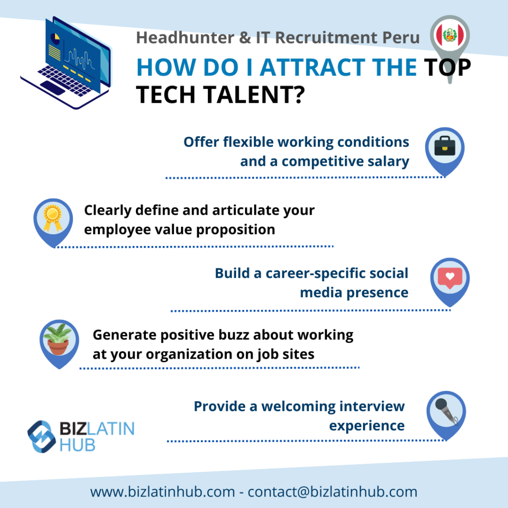 An infographic titled "How Do I Attract The Top Tech Talent?" outlines five strategies: offering flexible working conditions and a competitive salary, defining and articulating employer value proposition, building a career-specific social media presence, generating positive buzz on job sites, and providing a welcoming interview experience. These tips are especially useful for hiring software developers in Peru. The Biz Latin Hub logo and contact information are at the