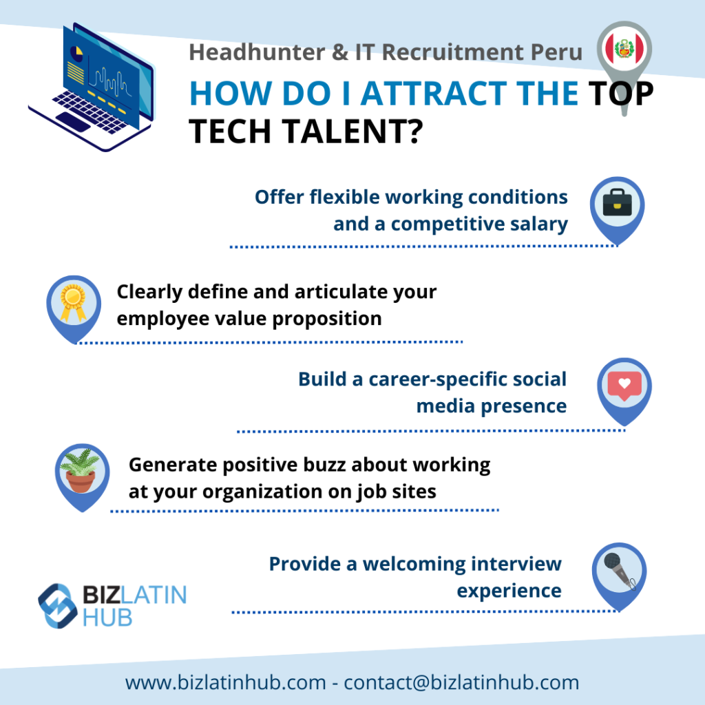 infographic by Biz Latin Hub on how to attract tech top talent on an article on Tips for Hiring Tech Talent in Peru