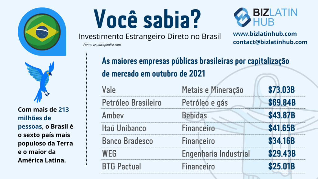 Um infográfico da Biz Latin Hub sobre as maiores empresas públicas do Brasil para um artigo sobre o investimento estrangeiro direto no Brasil