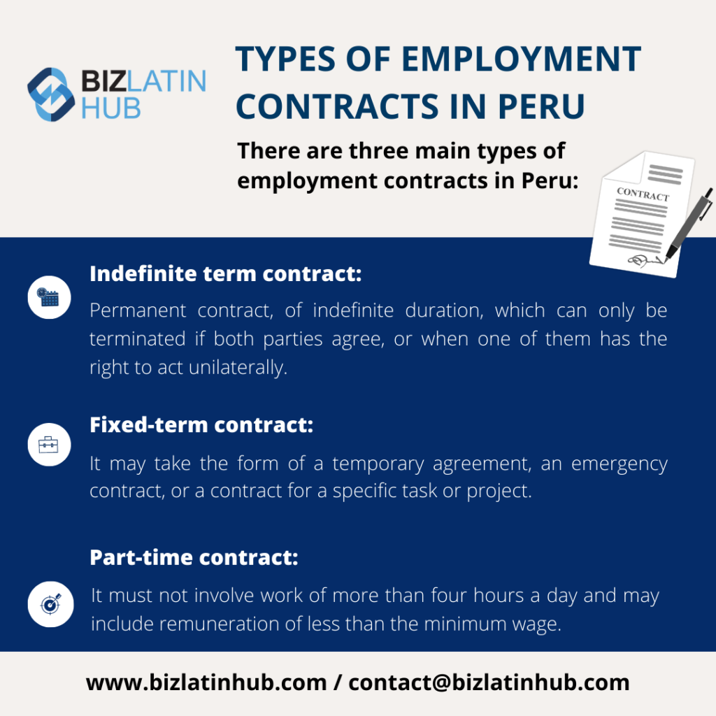 Types of employment contracts in Peru. Corporate lawyer. Corporate attorney