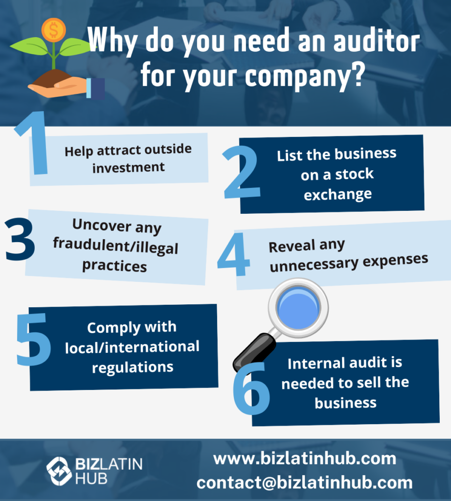 "Reasons why you need an auditor for your company" infographic by Biz Latin Hub for an article on "auditor in Costa Rica".