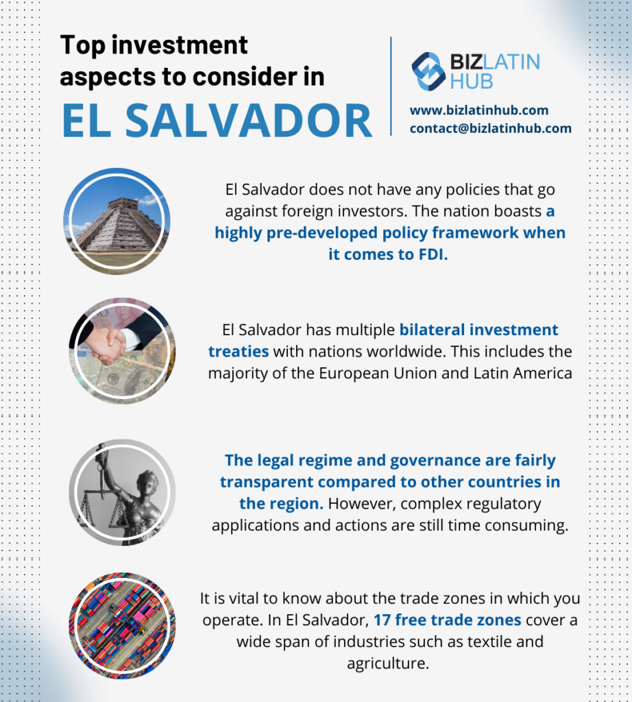 "top investment aspects in el salvador" infographic by Biz Latin Hub for an article on "el salvador tech industry".