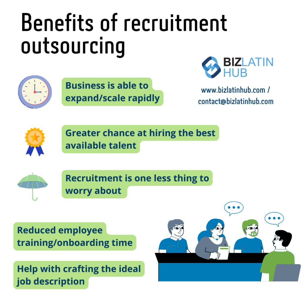 Infographic by Biz Latin Hub on benefits of recruitment outsourcing and hiring and recruitment outsourcing in Ecuador 