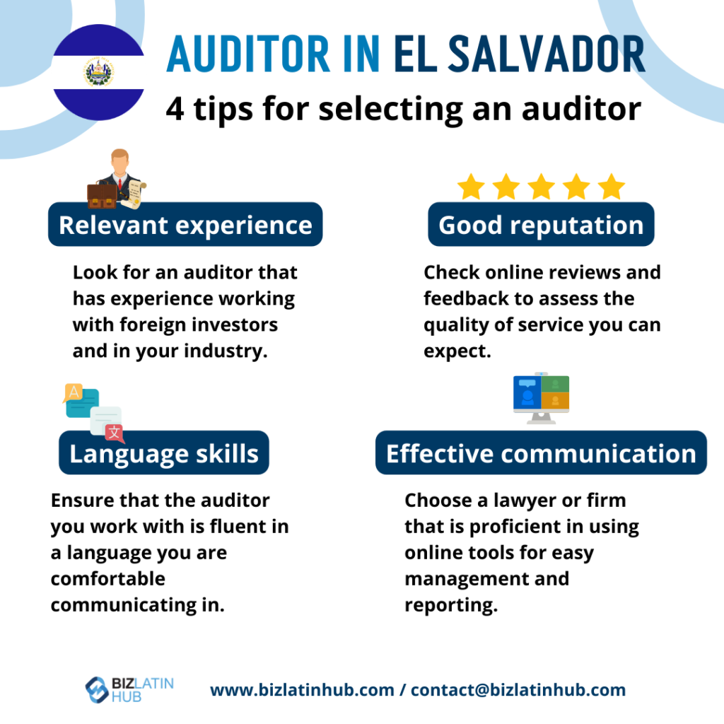 "auditor in el salvador" infographic by Biz Latin Hub for an article on "auditor in El Salvador".