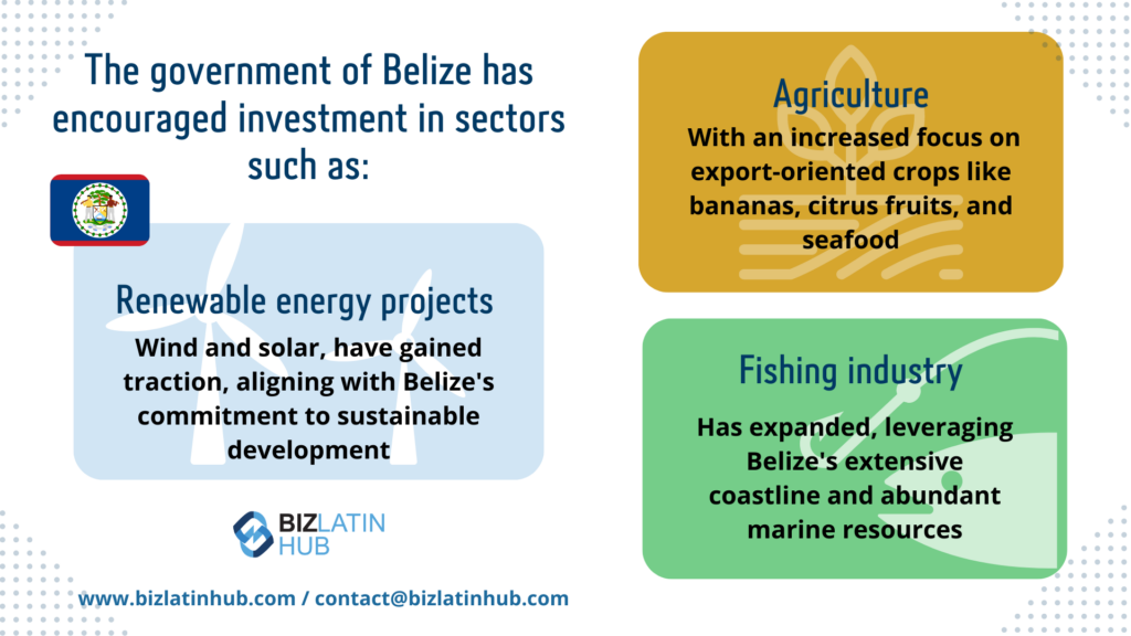 Infographic by Biz Latin Hub on sectors the Belize government has encouraged investment in for an article about Belize fiscal strategies