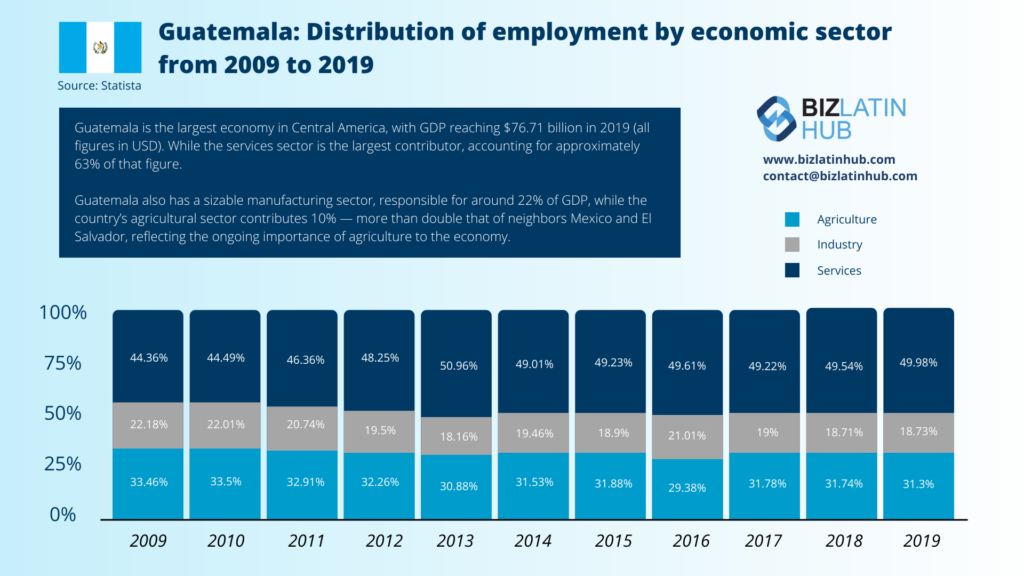 "Guatemala employment distribution" infographic by Biz Latin Hub for an article on "presidential elections in Guatemala".