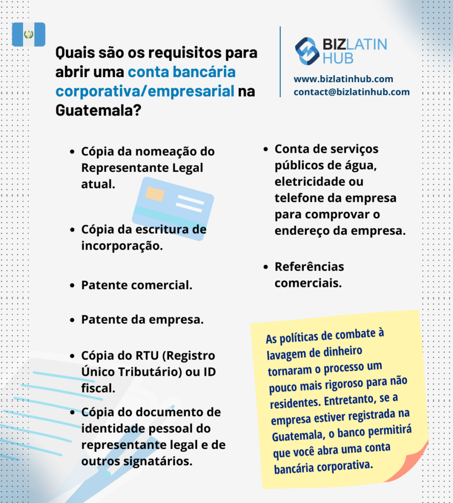 Ao abrir uma conta bancária na Guatemala, você terá de lidar de perto com o Registro Mercantil. Um infográfico sobre as etapas para abrir uma conta bancária de empresa na Guatemala, elaborado pela Biz Latin Hub.