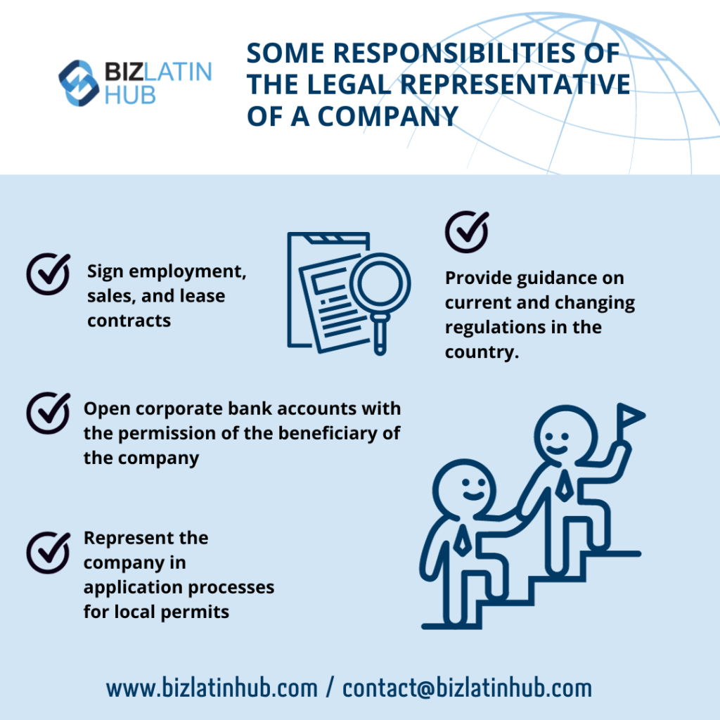 infographic by Biz Latin Hub about legal responsibilities of the legal representative of a company for an article about legal services in antigua and barbuda